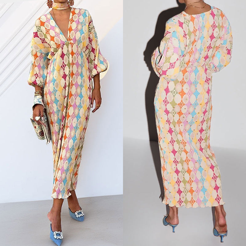 Women's Casual Summer Print V-Neck Lantern Half-Sleeve Loose Dress