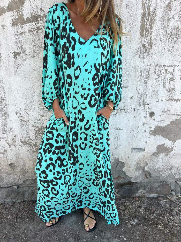 Women's Casual Leopard Printed V-Neck Long Sleeve Loose Maxi Dress