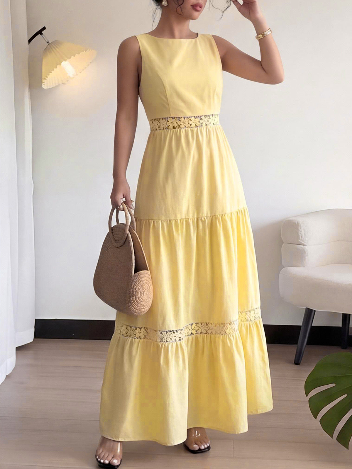 Women's Casual Spring and Summer Solid Color Sleeveless Lace-Up A-Line Dress