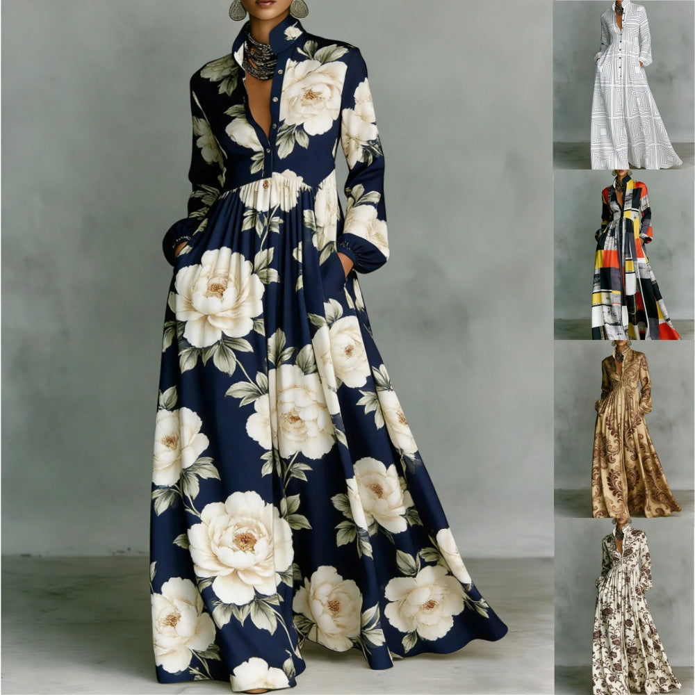Women's Vacation Casual Elegant Printed Long Sleeve Single-Breasted Maxi Dress