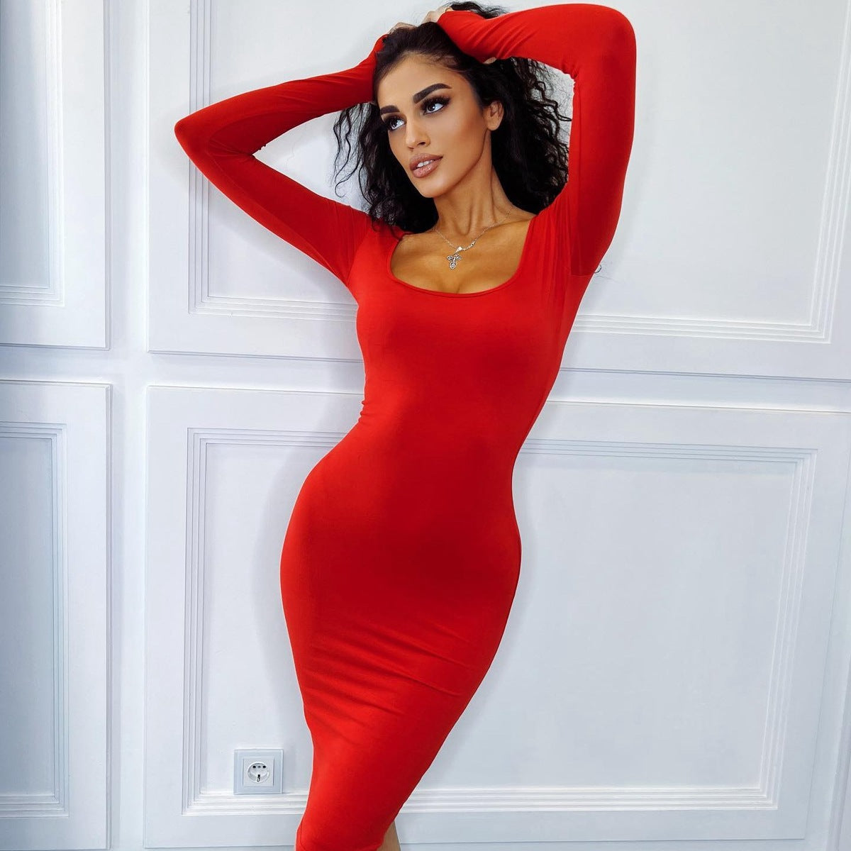 Women's Solid Color Square Neck Long Sleeve Midi Dress