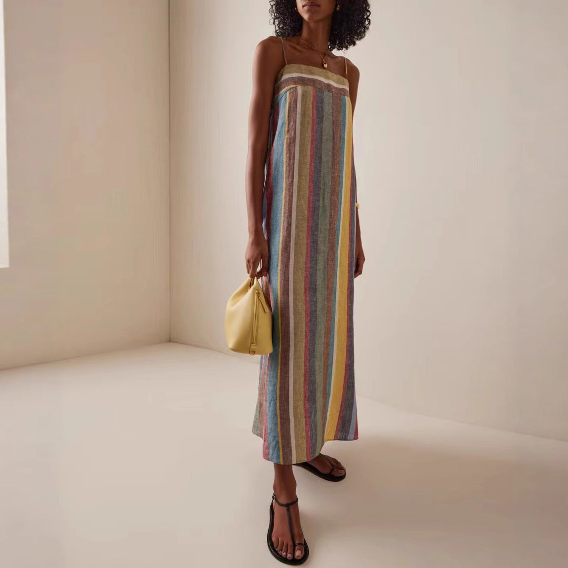 Women's Summer Rainbow Stripe Loose Strap Maxi Dress