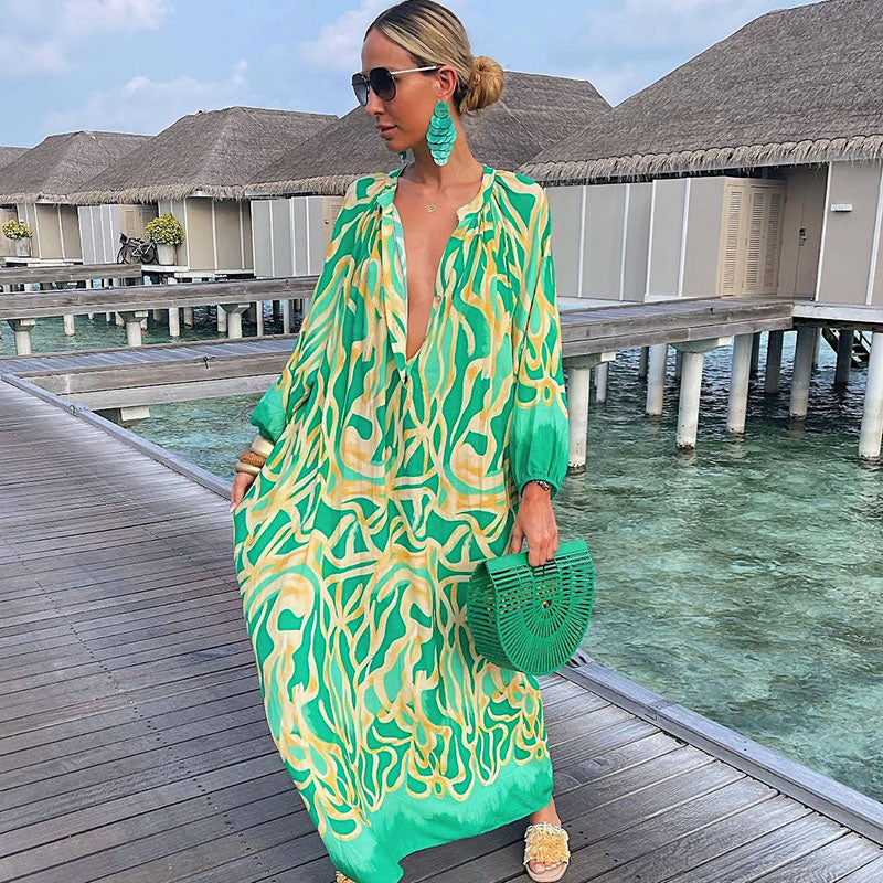 Women's Autumn Graphic Printed Pullover Long Sleeve V-Neck Loose Maxi Dress