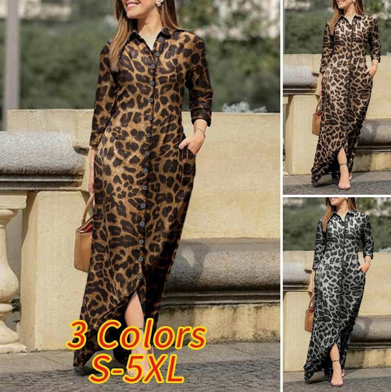 Women's Casual Leopard Print Long Sleeve Button Maxi Shirt Dress