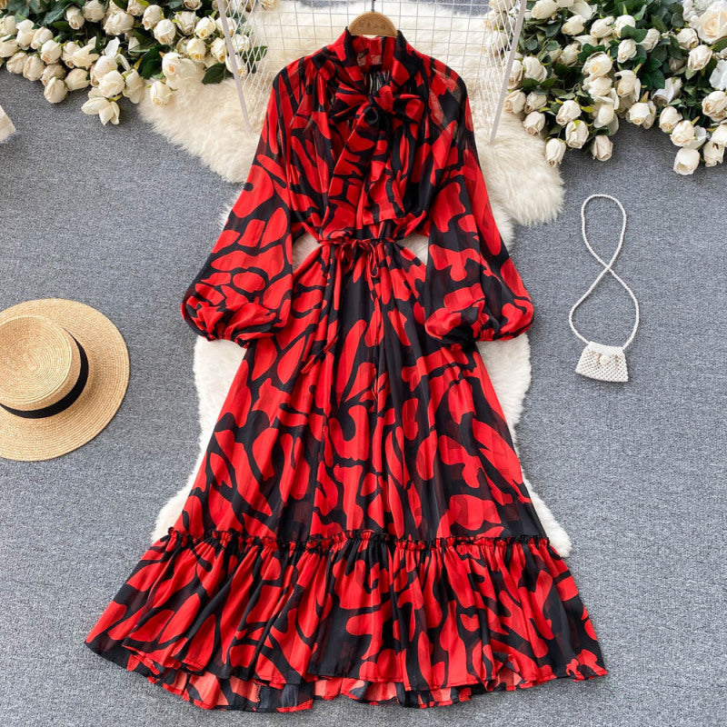 Vintage Floral Paisley Leaf Leopard Printed Bohemian Women Ruffled Pleated Dress