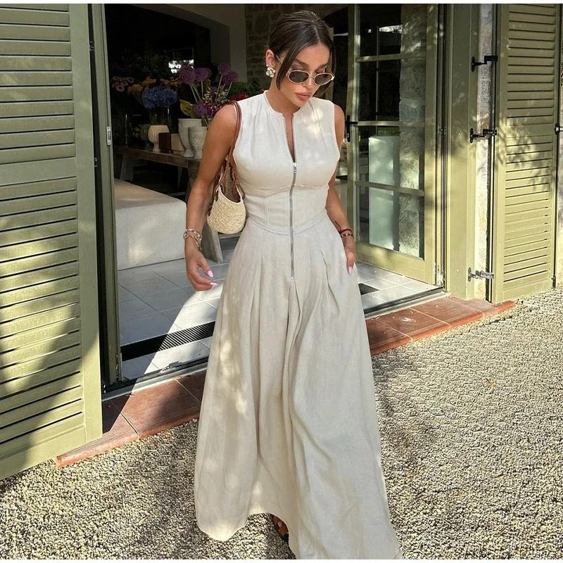 Women's High Waist Sleeveless Zipper Maxi Dress-Style