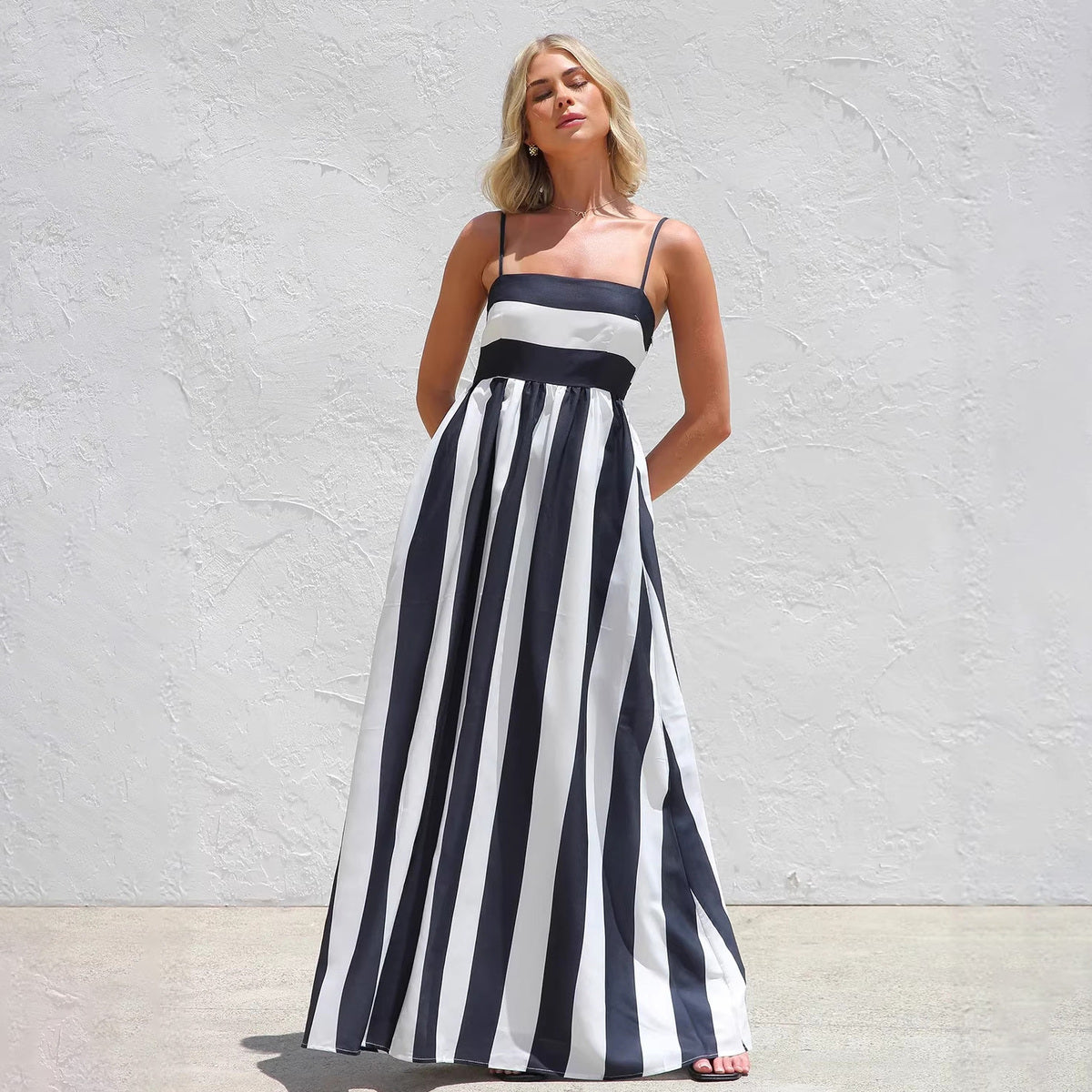 Women's Casual Summer Stripe Print Spaghetti Strap Loose Dress