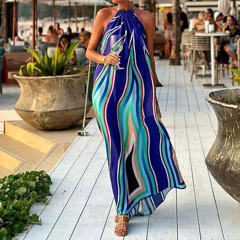 Women's Casual Boho Printed Halter-Neck Sleeveless Midi Dress