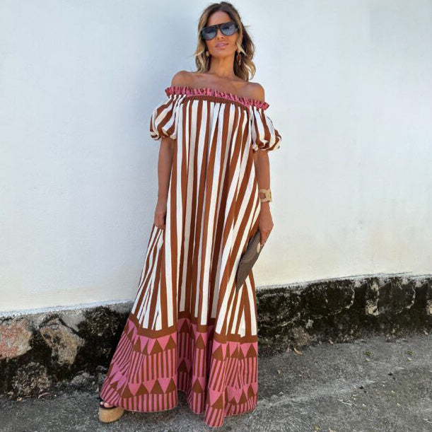 Women's Casual Summer Stripe Print Off-The-Shoulder Puff Sleeve Loose Long Dress