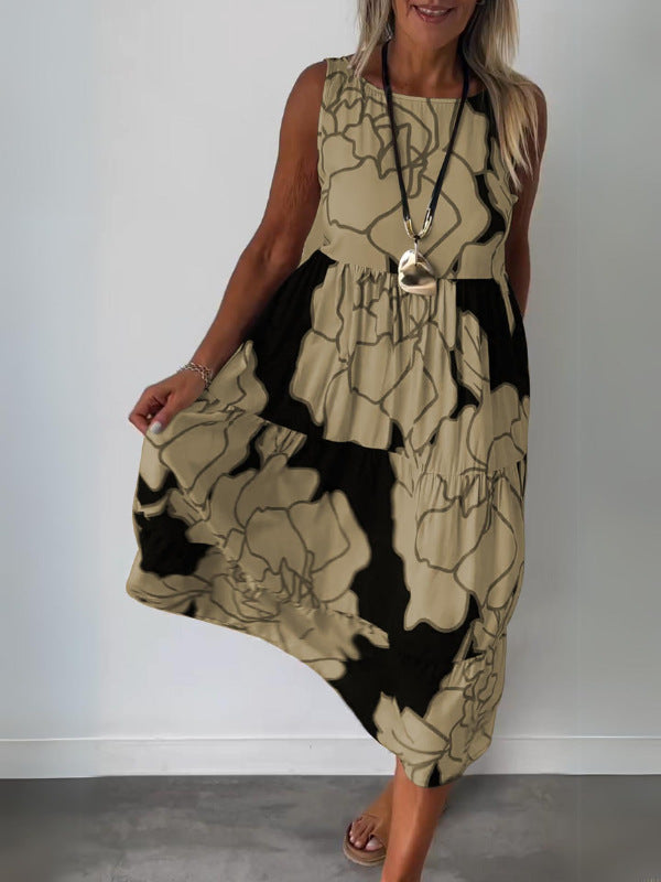 Women's Summer Casual Sling Style Geometric Print Sleeveless Long Dress