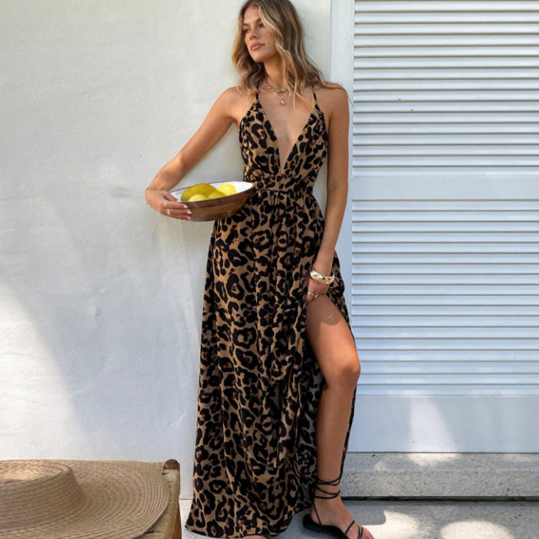 Women's Leopard Print V-Neck Maxi Dress