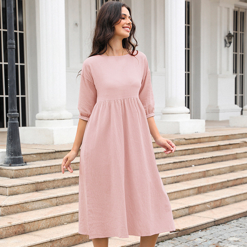Women's Casual Solid Color Cotton Midi Dress, with Lantern