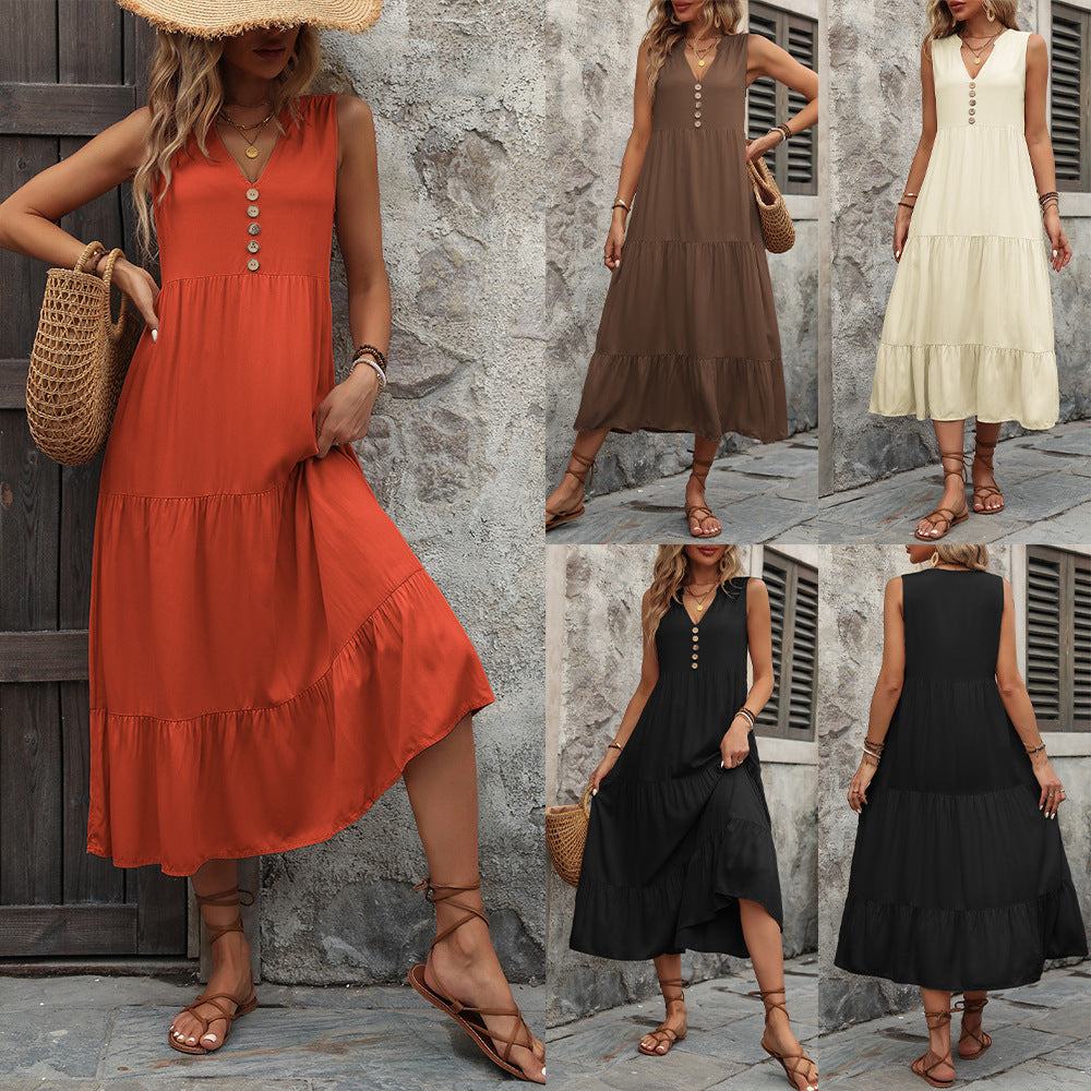 Women's Summer Casual Solid Color V-Neck Loose Sleeveless Maxi Dress
