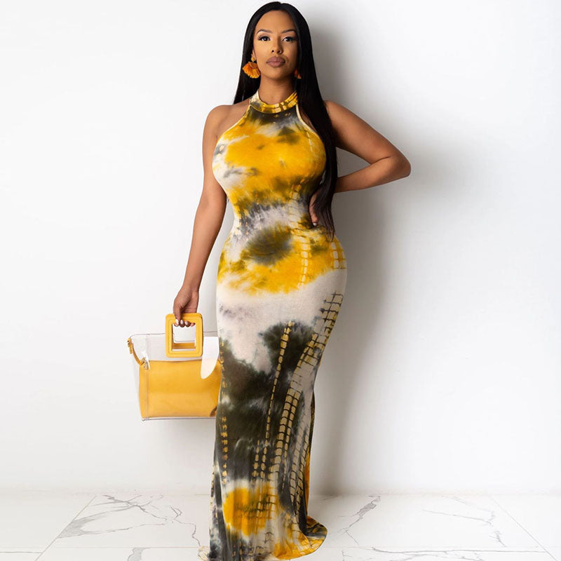 Women's Tie Dye Print Loose Halter Neck Tight Maxi Dress