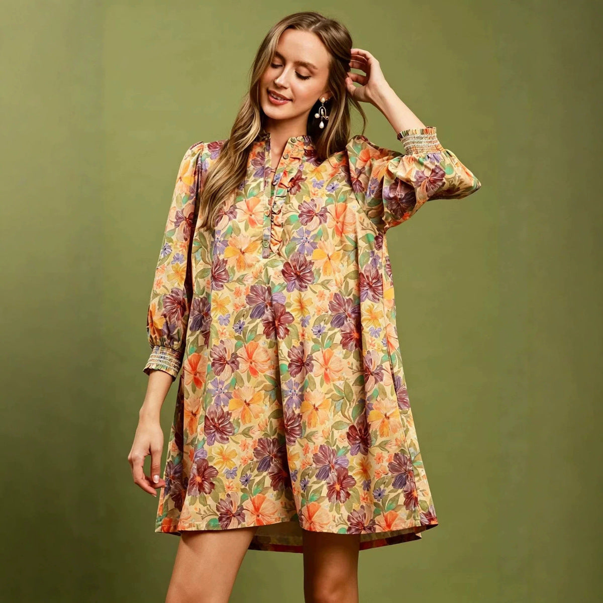 Women's Casual Retro Flower Printed Long Sleeve Loose Dress
