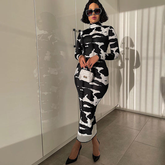 Women's Autumn Edgy All Over Print High Neck Long Sleeve Bodycon Midi Dress