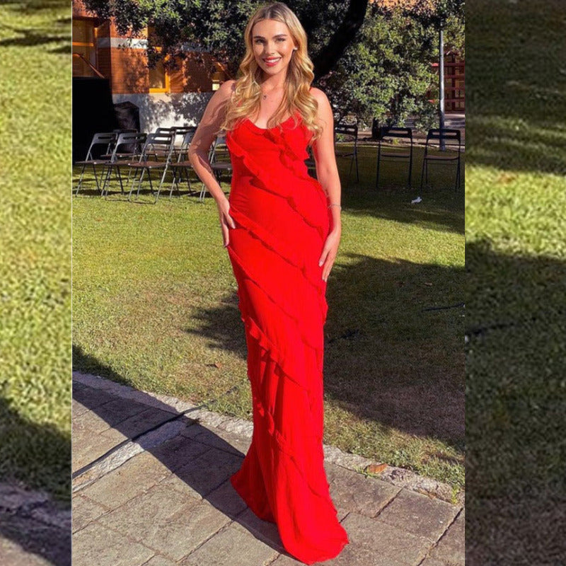 Women's Sexy Solid Color Spaghetti Strap Ruffled Dress