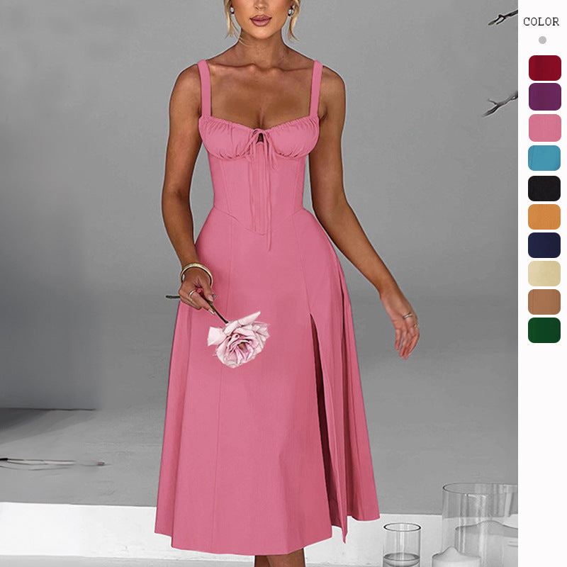 Women's Spring and Summer Solid Color Side Split Midi A-Line Dress