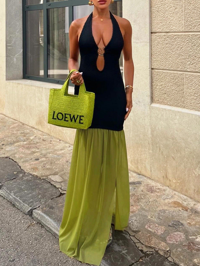 Women's Sexy Deep V-Neck Backless Lace-Up Maxi Dress