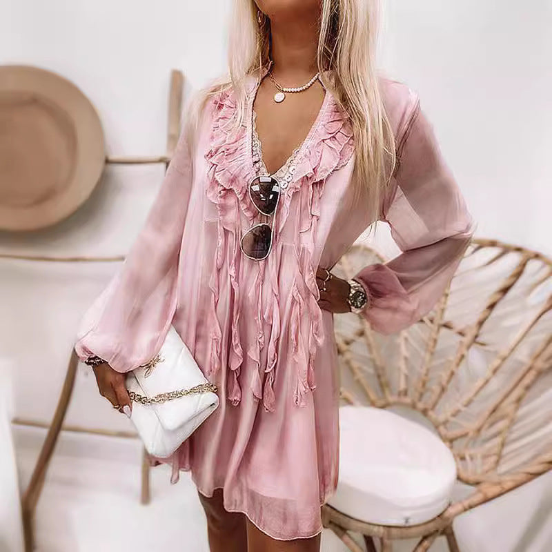 Women's Casual V-Neck Long Sleeve Ruffle Loose Dress