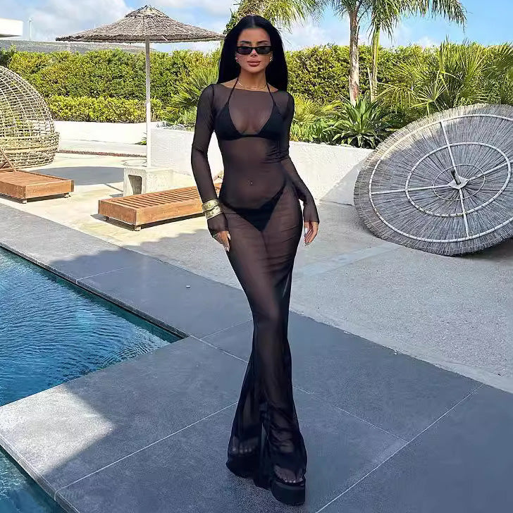 Women's Sexy Mesh Perspective Long Sleeve Slim-Fit Maxi Dress