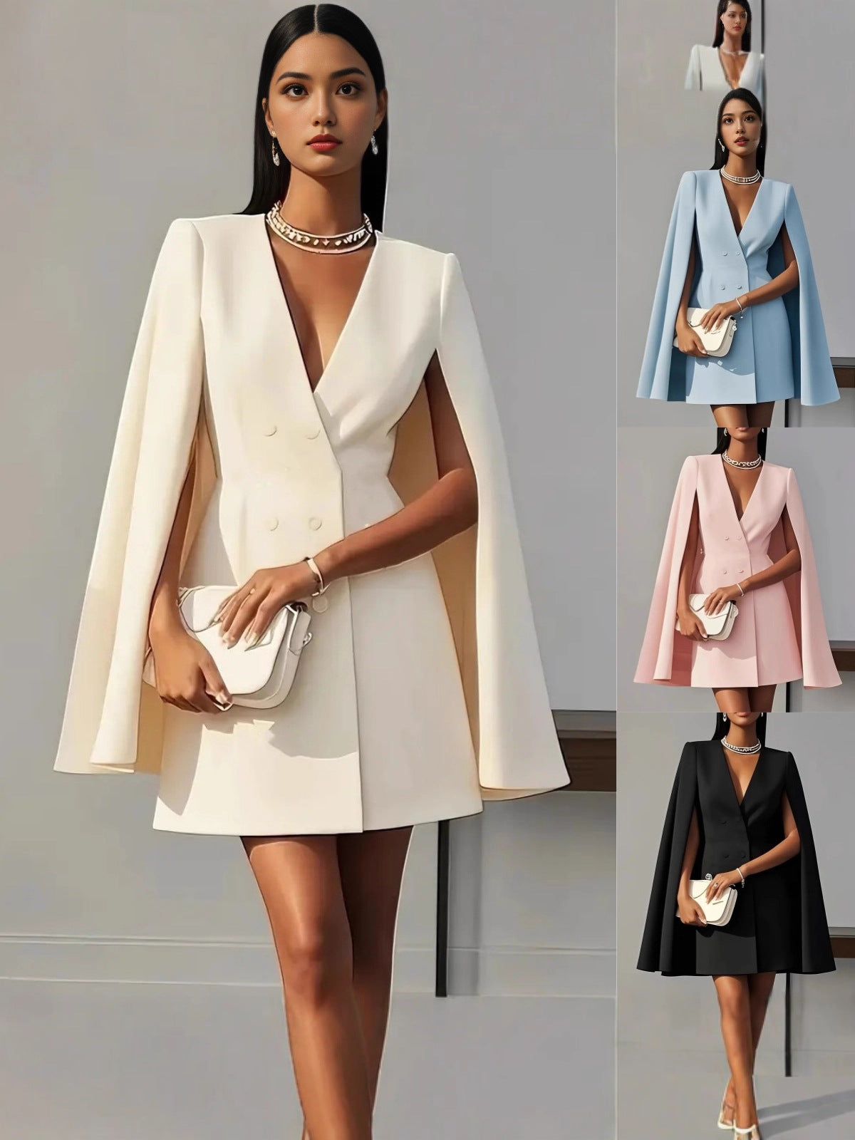 Women's Casual Solid Color Double-Breasted Cape Pleated Dress