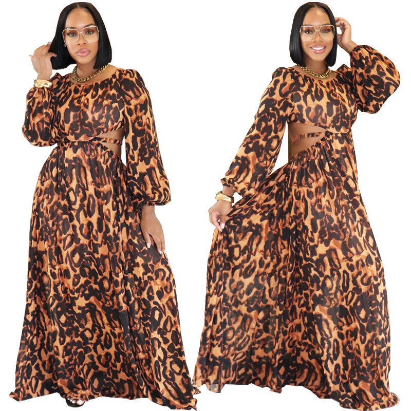 Women's Backless Leopard Printed Long Sleeve Casual Dress