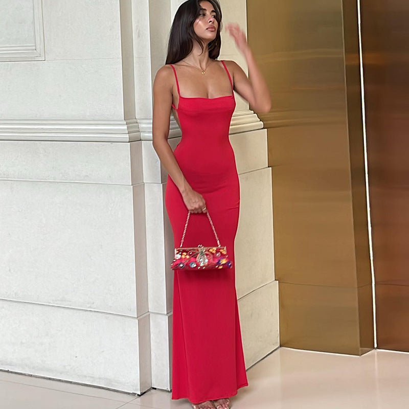 Women's Sexy Simple Solid Color Strap Backless Dress