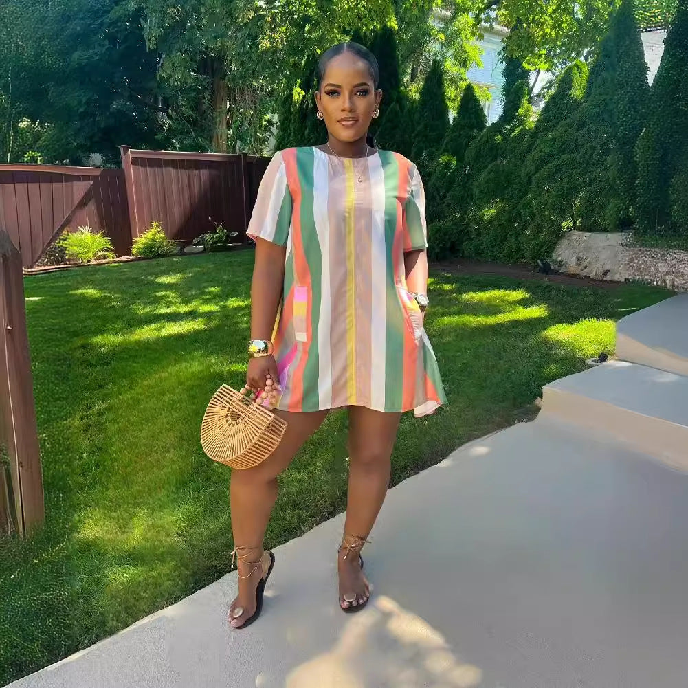 Women's Casual Multicolor Stripe Print Round Neck Short Sleeve Princess Dress