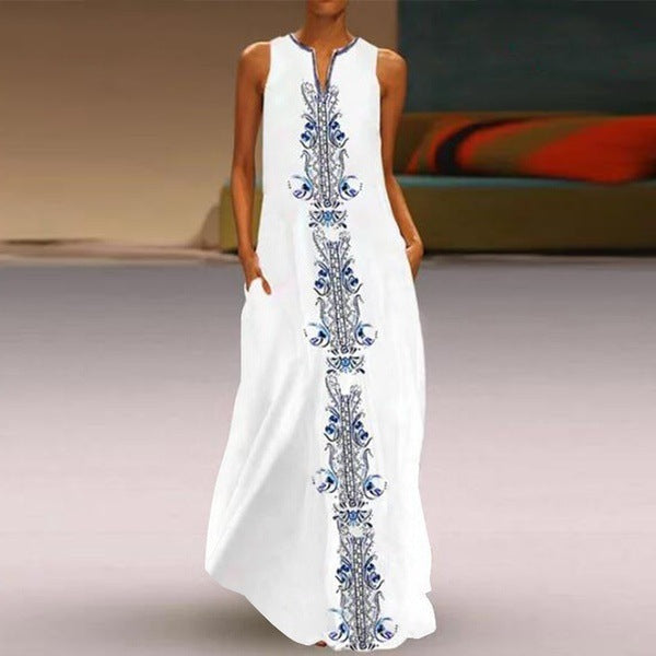 Women's Vintage Boho Print Sleeveless V-Neck Loose Casual Maxi Dress