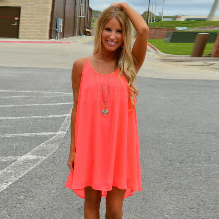 Women's Solid Color Round Neck Mesh Stitching Backless Chiffon Suspender Dress