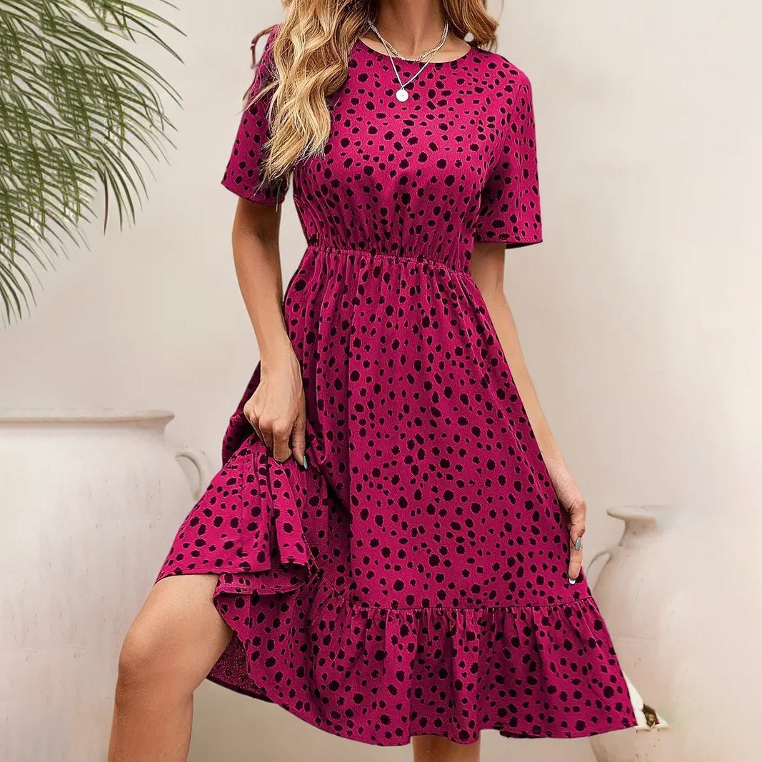 Women's Casual Polka Dot Printed Round Neck Short Sleeve A-Line Dress