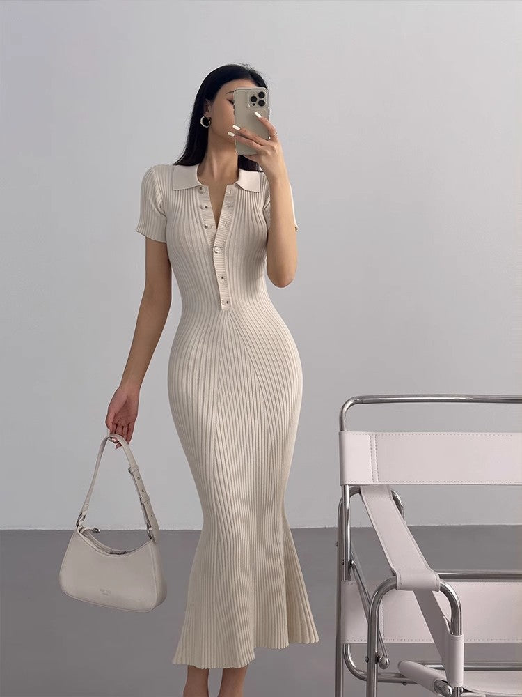 Women's Elegant Slim-Fit Tight Lapel Short Sleeve Knitted Maxi Dress