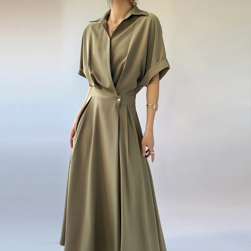 Women's Casual Summer Office Solid Color Lapel Short Sleeve Loose Dress
