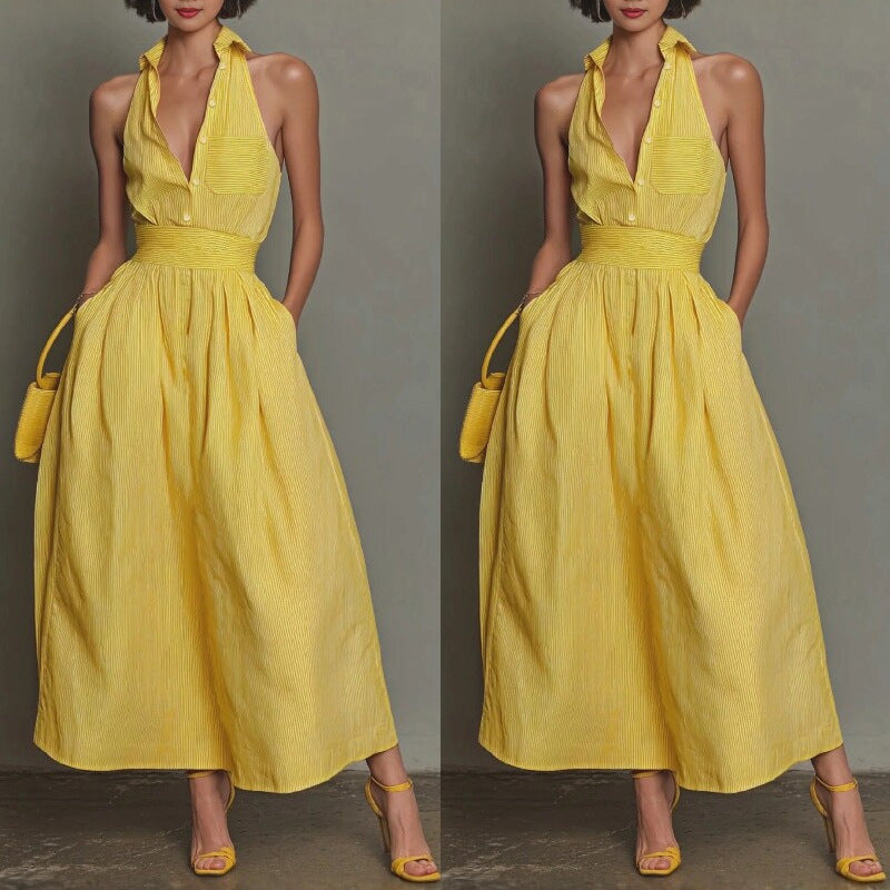 Women's Casual Stripe Lapel Sleeveless Maxi Dress