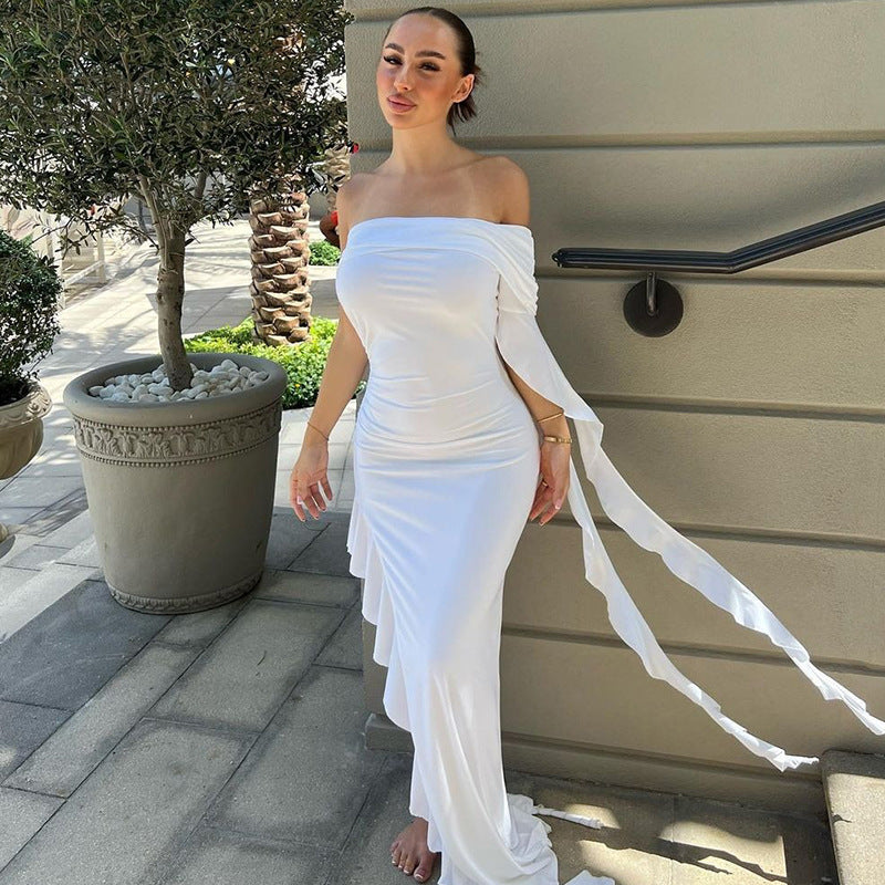 Women's Sexy Solid Color Irregular Off-Shoulder Pleated Slim-Fit Maxi Dress