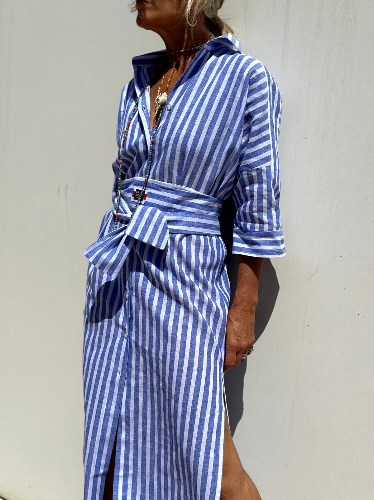 Women's Casual Stripe Printed Lapel Long Sleeve Loose Shirt Dress