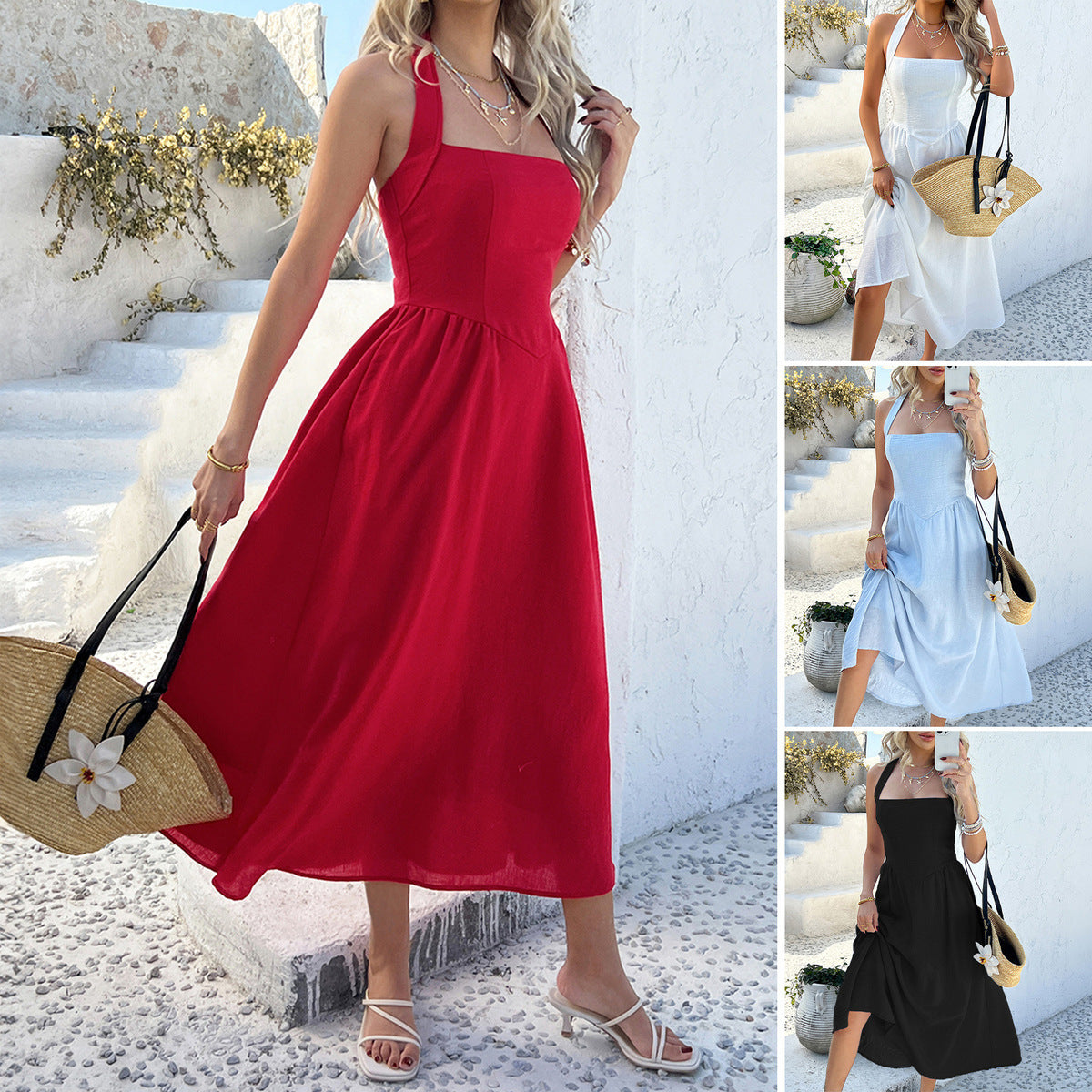 Women's Casual Solid Color Vacation Neck Midi Dress