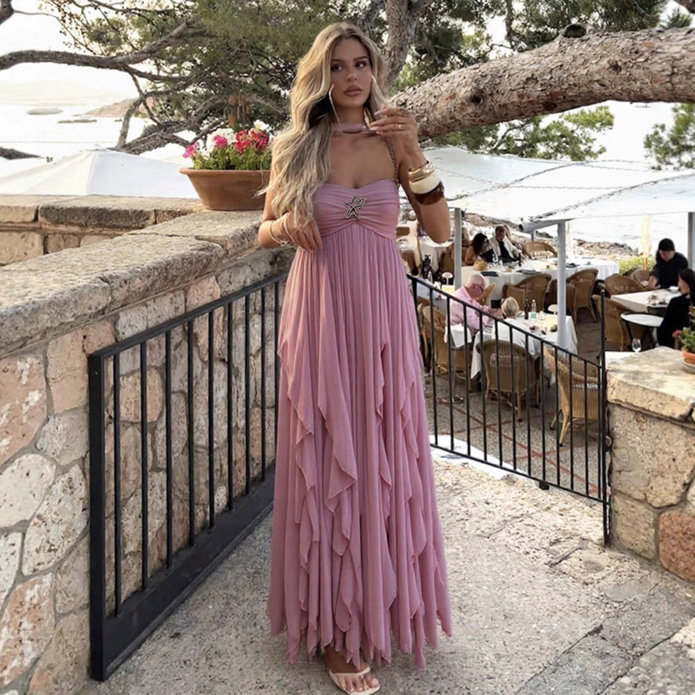 Women's Sexy Elegant Solid Color Spaghetti Strap Backless Ruffled Dress