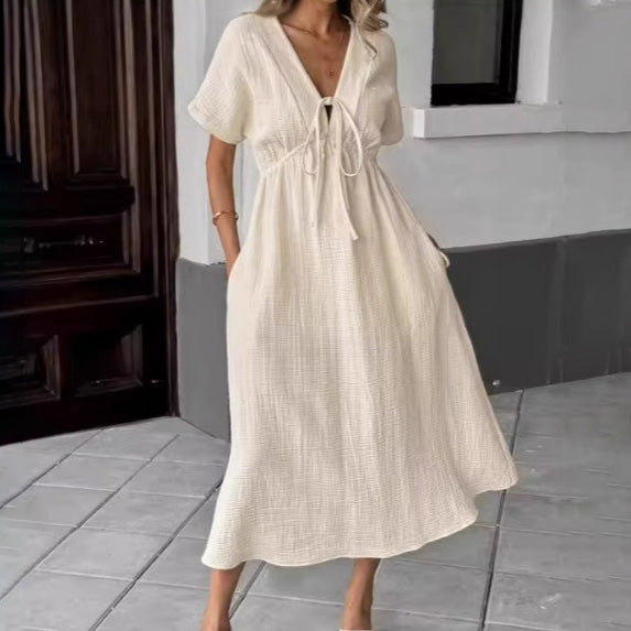 Women's Casual Summer Solid Color V-Neck Short Sleeve Loose A-Line Dress
