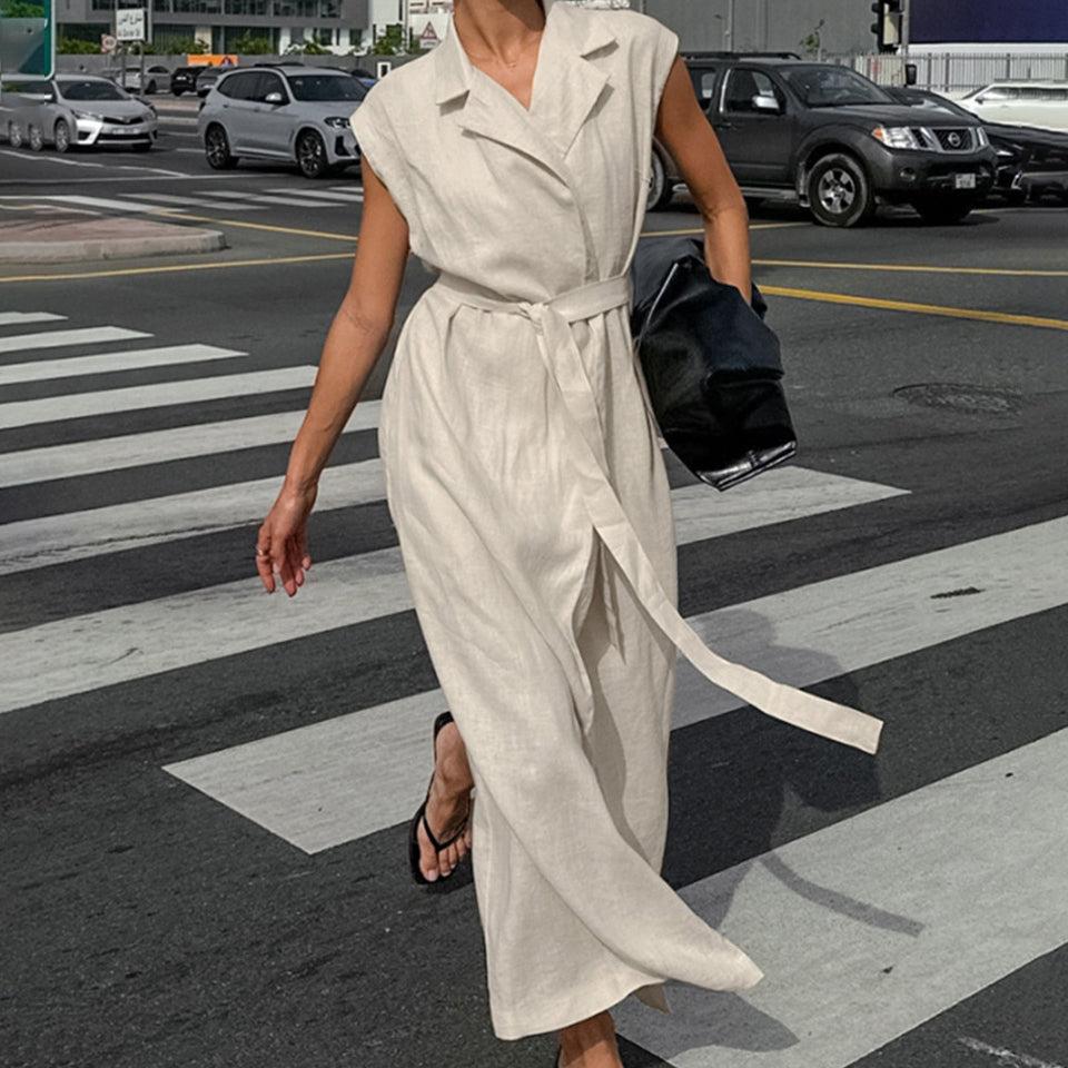 Women's Summer Solid Color Cotton and Linen Lapel Sleeveless Lace-Up Dress