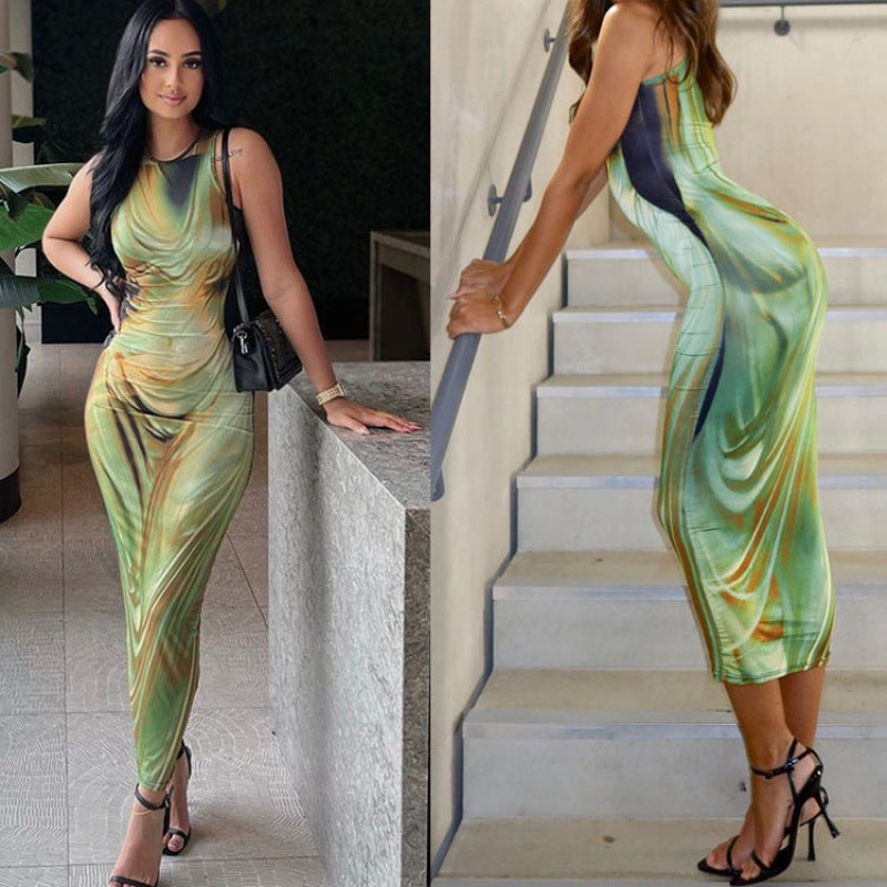 Women's Sexy Tie-Dye Printing Bodycon Maxi Dress