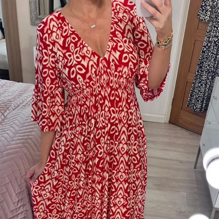 Women's Casual V-Neck Tiny Flower Print Maxi Dress