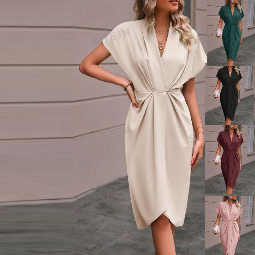 Women's Casual Polyester Midi Dress, with V-Neck