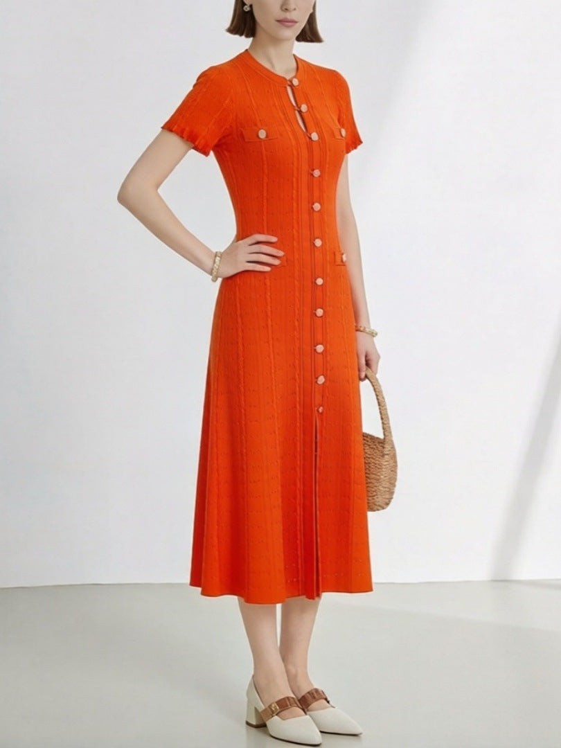 Women's Elegant Solid Color Short Sleeve Buttons Slim-Fit Knitted Dress