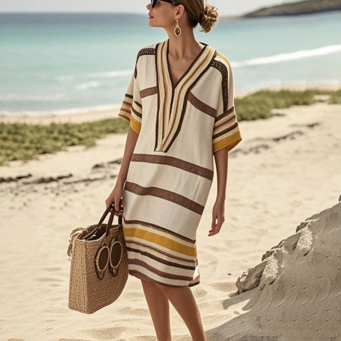 Women's Casual Vacation Digital Printed Stripe V-Neck Short Sleeve Midi Dress