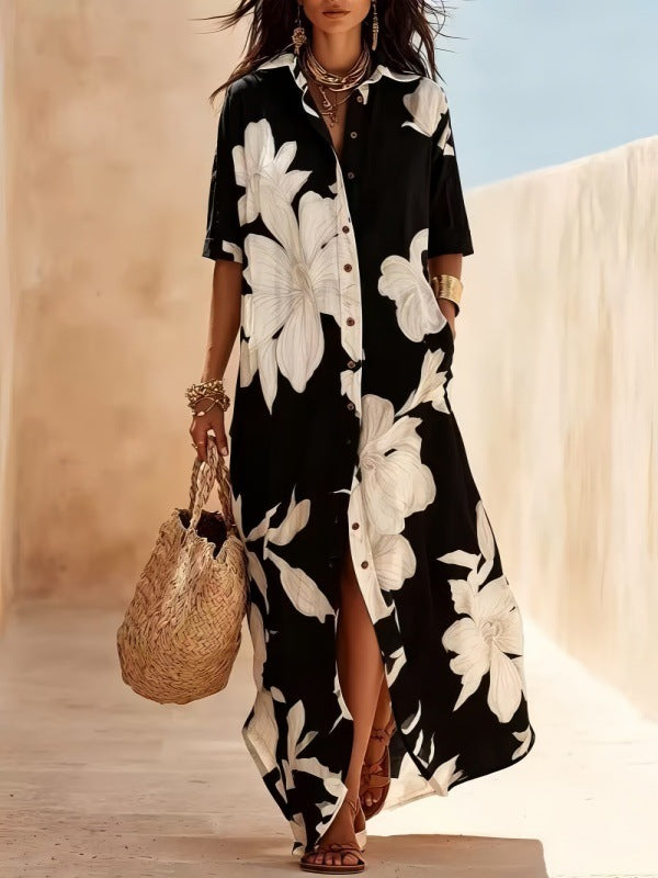 Women's Casual Flower Printed Long Sleeve Split Loose Dress
