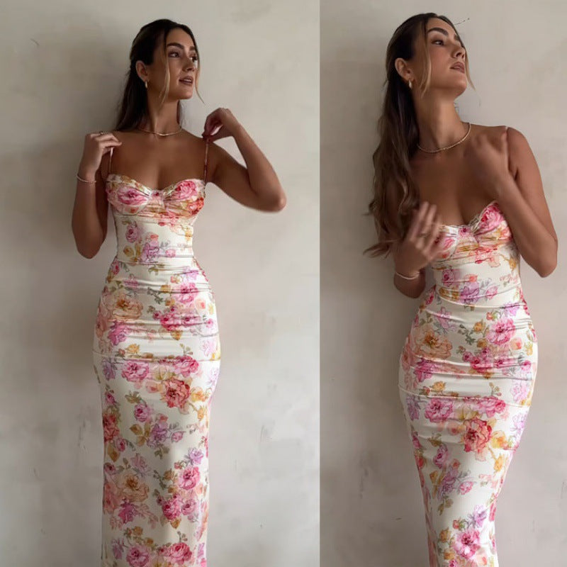 Women's Print Sexy Backless Sling Bodycon Maxi Dress