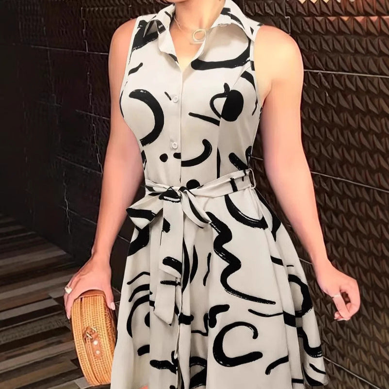 Women's Casual Printed Lapel Sleeveless Lace-Up Dress
