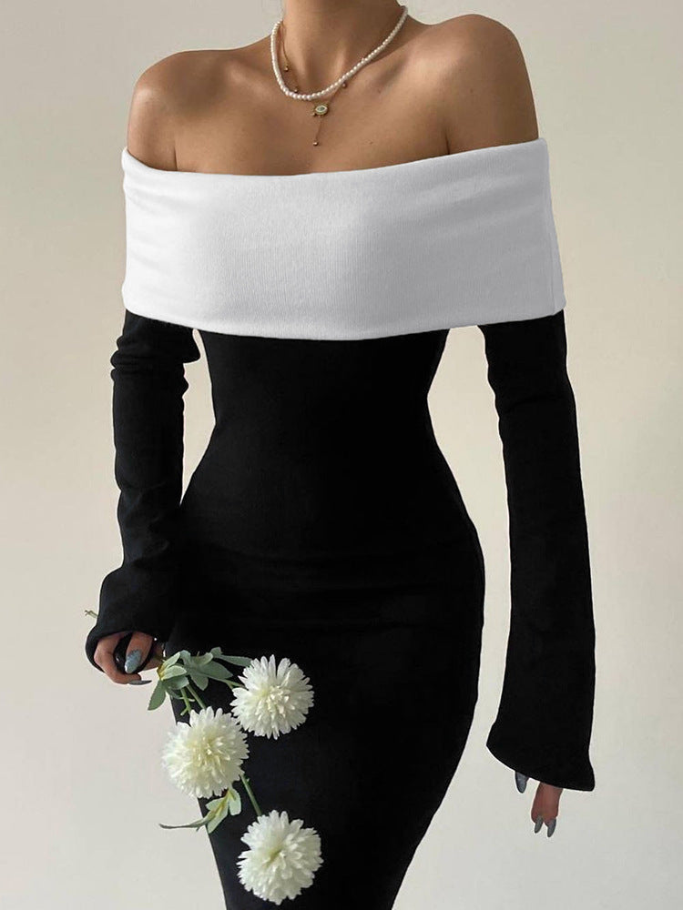 Women's Color Contrast Shoulder Long Sleeve Bodycon Maxi Dress